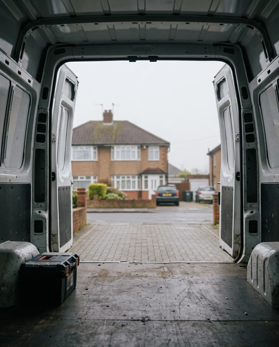 Looking out of a work van towards homes on a residential street